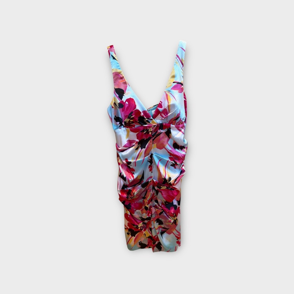 Cachet Size 12 Floral Ruched‎ Bodycon Mini Dress Sleeveless Made in USA